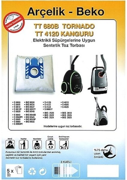 X-Bag Arçelik Beko Tt 4120 Tipi Uyumlu Süpürge Toz Torbası 5 li 5 paket fiyatıdır