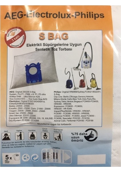 Aeg-Electrolux-Philips Uyumlu S Bag Toz Torbası 5 li 5 paket fiyatıdır