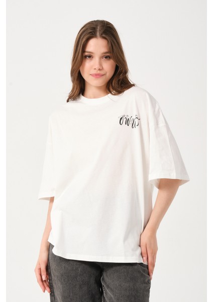 Owut Collection Kadın Bisiklet Yaka Baskılı Oversize T-Shirt