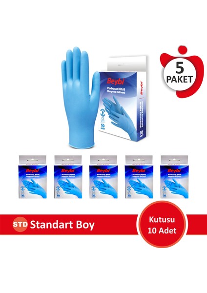 Nitril Mavi Pudrasız Muayene Eldiveni Tek K. - 5 Paket 10'luk Kutu