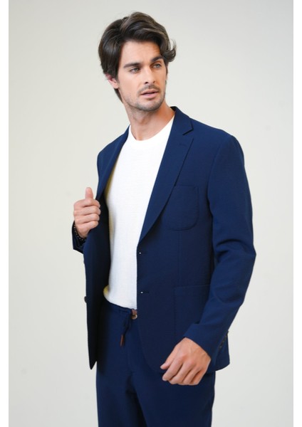 Lacivert Slim Fit Mono Yaka Ceket