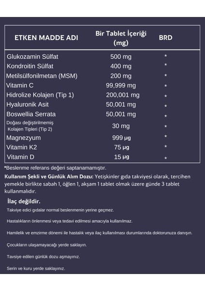 Collagen - Kolajen ( Tip 1 - Tip 2) ve Glukozamin Içeren Takviye Edici Gıda - 90 Tablet