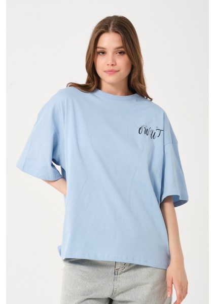 Kadın Bisiklet Yaka Baskılı Oversize T-Shirt