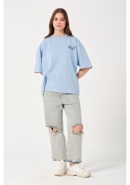 Kadın Bisiklet Yaka Baskılı Oversize T-Shirt