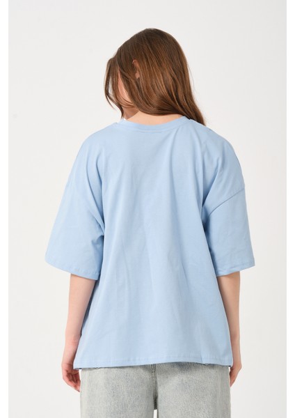 Kadın Bisiklet Yaka Baskılı Oversize T-Shirt