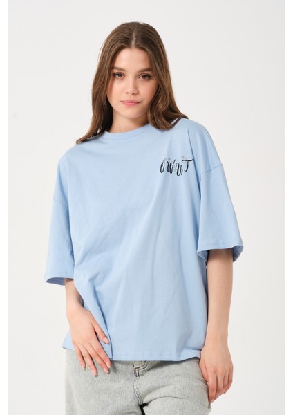 Kadın Bisiklet Yaka Baskılı Oversize T-Shirt