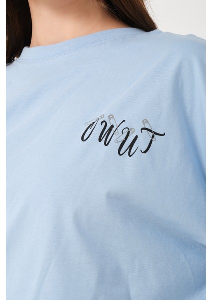 Kadın Bisiklet Yaka Baskılı Oversize T-Shirt