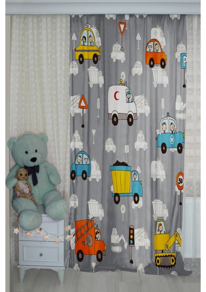 Iş Makine Arabalı Eğitici Çocuk Odası Fon Perde