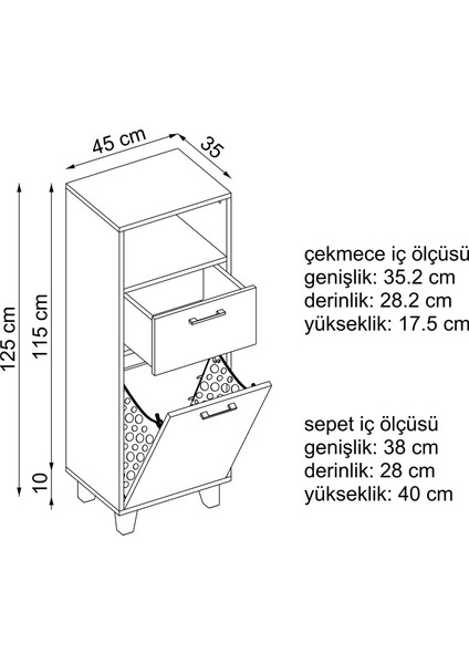 Çamaşır Sepetli Banyo Dolabı, Çok Amaçlı Çekmeceli Dolap 45 cm