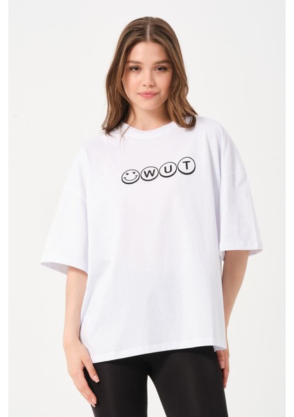 Kadın Bisiklet Yaka Baskılı Oversize T-Shirt