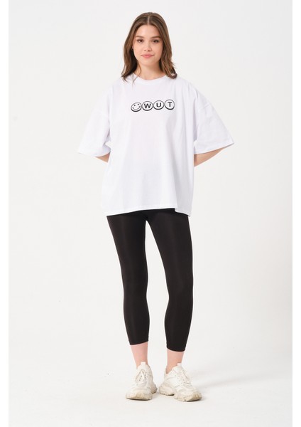 Kadın Bisiklet Yaka Baskılı Oversize T-Shirt