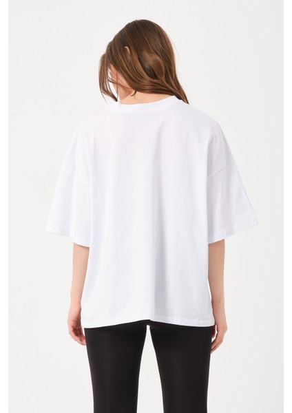 Kadın Bisiklet Yaka Baskılı Oversize T-Shirt