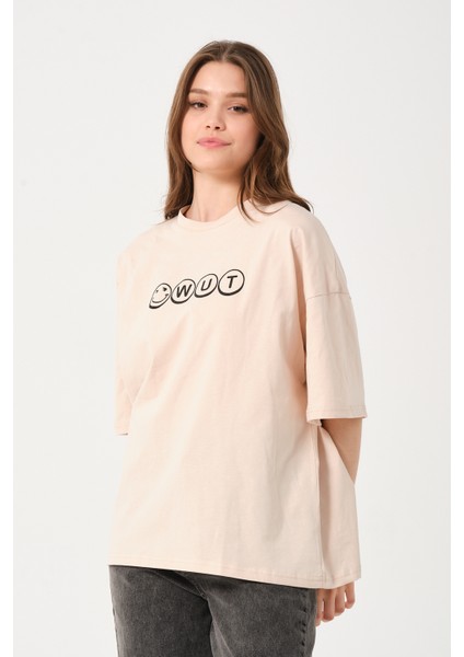 Kadın Bisiklet Yaka Baskılı Oversize T-Shirt