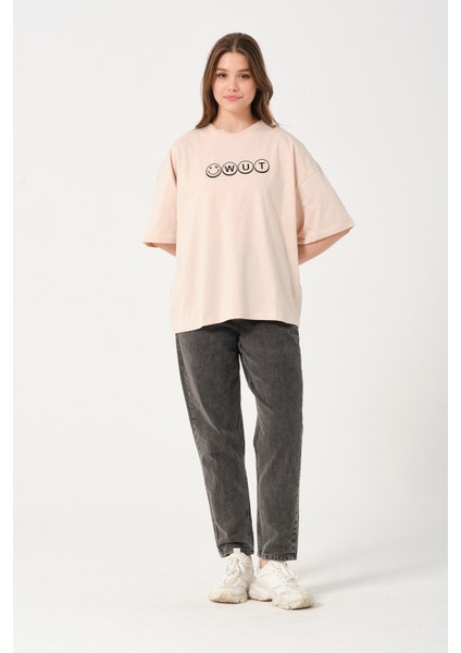 Kadın Bisiklet Yaka Baskılı Oversize T-Shirt