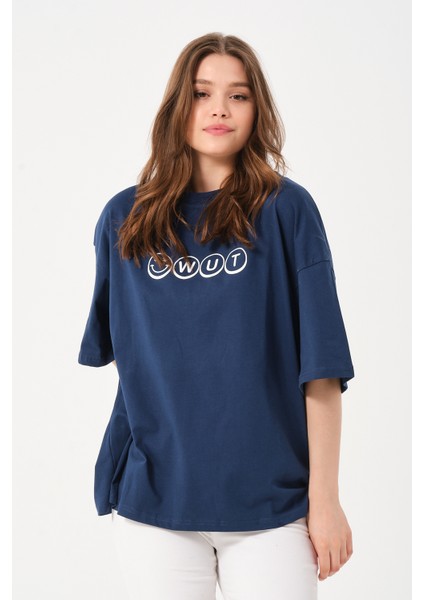 Kadın Bisiklet Yaka Baskılı Oversize T-Shirt