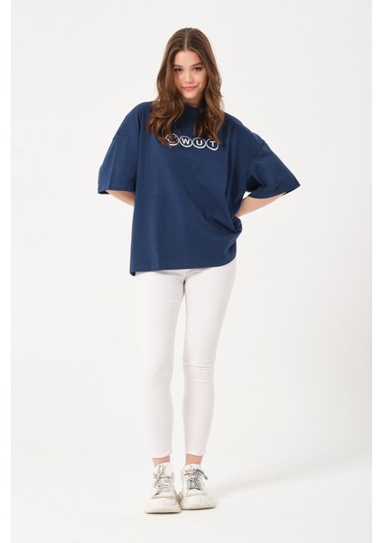 Kadın Bisiklet Yaka Baskılı Oversize T-Shirt