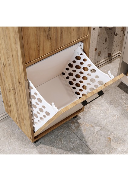 Çamaşır Sepetli Banyo Dolabı, Çok Amaçlı Çekmeceli Dolap 45 cm