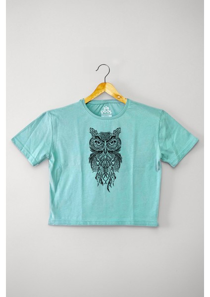 Mint Yeşil Renk Crop T-Shirt Owl Baykuş Design Baskılı Kadın Baby Tee