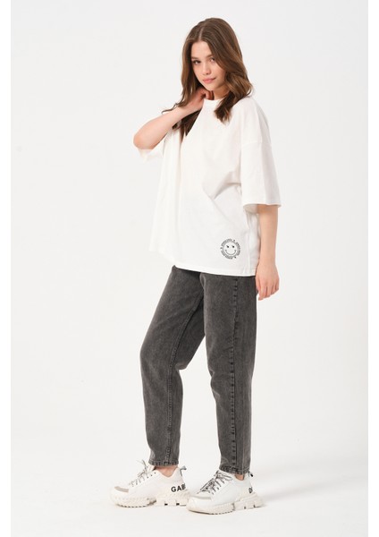 Kadın Bisiklet Yaka Baskılı Oversize T-Shirt