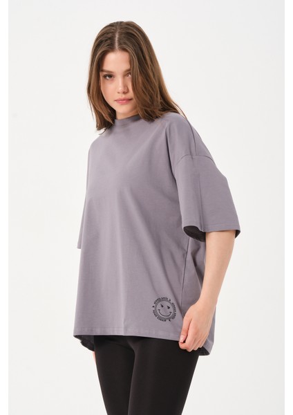 Owut Collection Kadın Bisiklet Yaka Baskılı Oversize T-Shirt