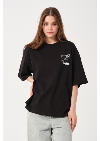 Kadın Bisiklet Yaka Baskılı Oversize T-Shirt