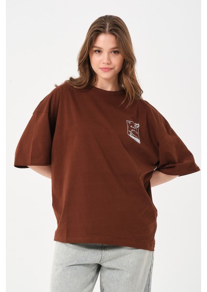 Kadın Bisiklet Yaka Baskılı Oversize T-Shirt
