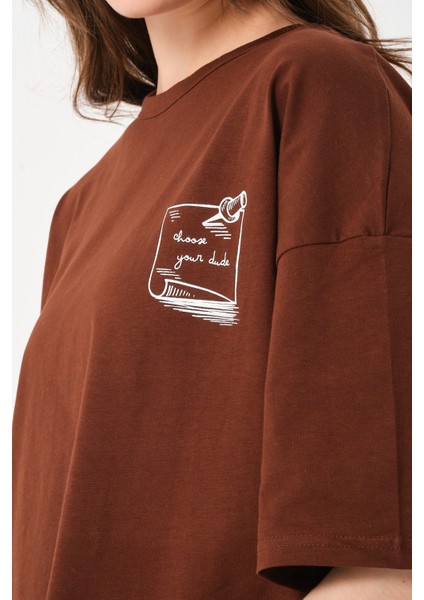 Kadın Bisiklet Yaka Baskılı Oversize T-Shirt