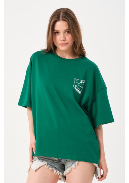 Kadın Bisiklet Yaka Baskılı Oversize T-Shirt