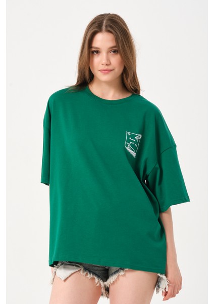 Kadın Bisiklet Yaka Baskılı Oversize T-Shirt