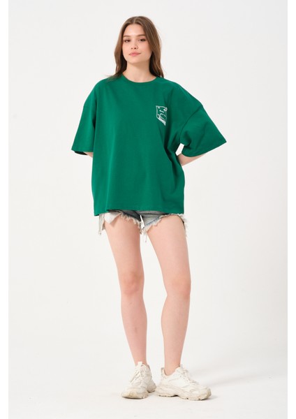 Kadın Bisiklet Yaka Baskılı Oversize T-Shirt