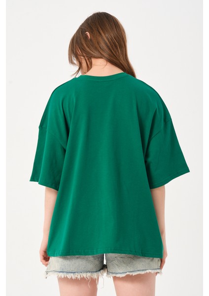 Kadın Bisiklet Yaka Baskılı Oversize T-Shirt