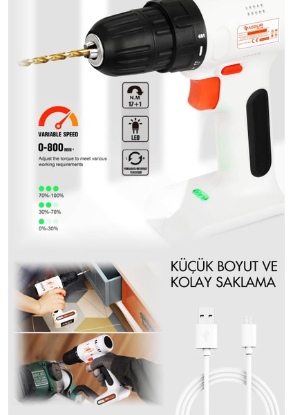 Assur Plus Şarjlı Matkap Vidalama Başlığı Dahili Batarya Typc-E Usb'li (Kablolu) 12V 2.0AH