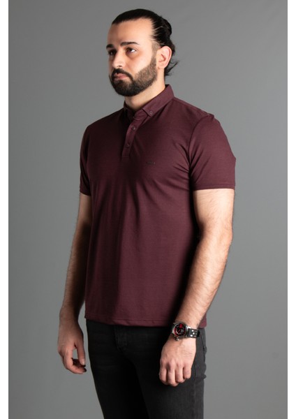 Erkek Mürdüm Dokulu Düğmeli Polo Yaka T-Shirt