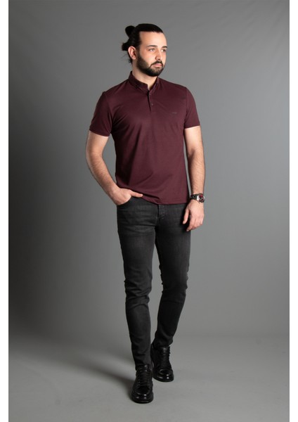 Erkek Mürdüm Dokulu Düğmeli Polo Yaka T-Shirt