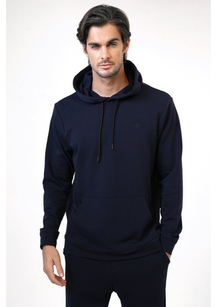 Lacivert Regular Fit Pamuklu Kapüşonlu Sweatshirt