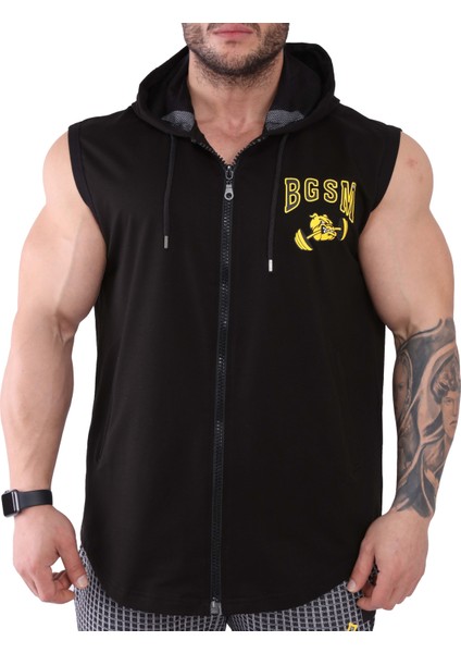 Erkek Fitness Bodybuilding Kapşonlu Yelek Siyah Big Sam 3625