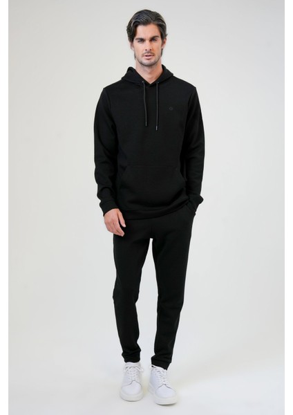 Siyah Regular Fit Pamuklu Kapüşonlu Sweatshirt