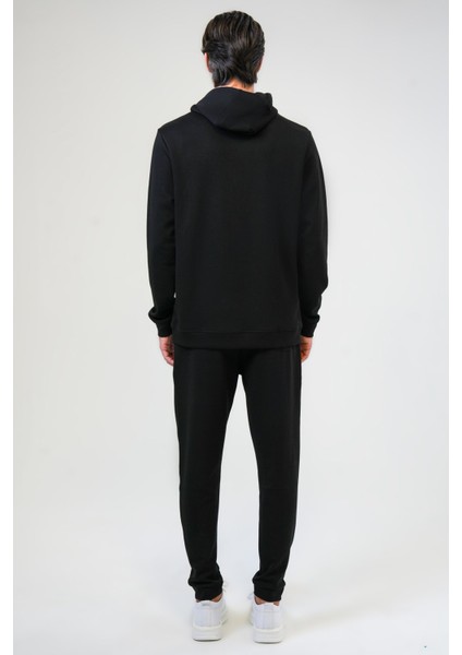 Siyah Regular Fit Pamuklu Kapüşonlu Sweatshirt