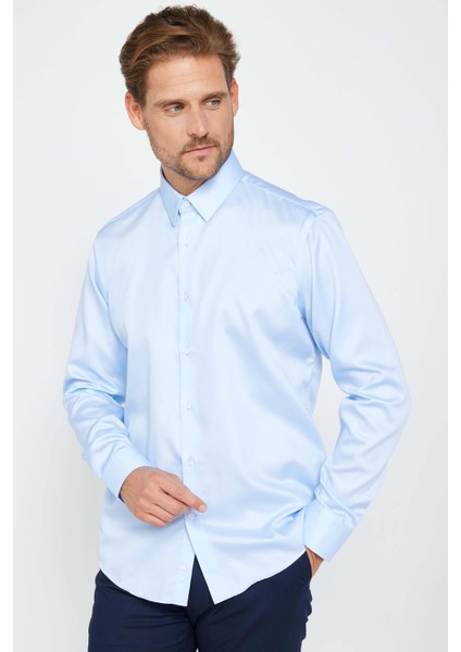 Slim Fit Uzun Kollu Non Iron Mavi Erkek Gömlek