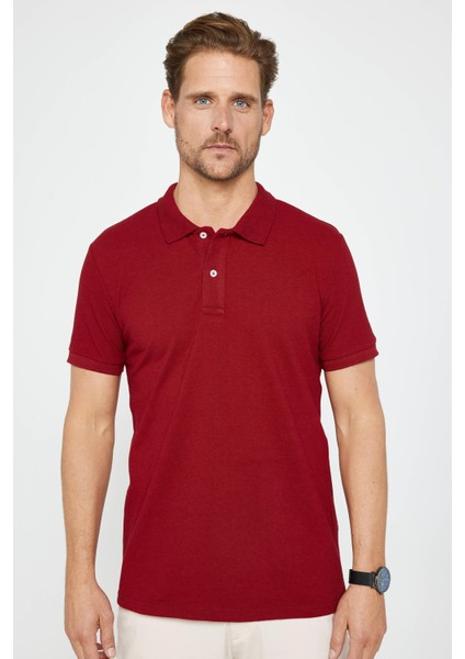 Erkek Slim Fit Dar Kesim Pamuklu Yumuşak Dokulu Serin Tutan Kumaş Düz Pike Bordo Polo Yaka Tişört