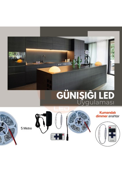12V Yüksek Parlaklık 4040 Şerit LED Tak Çalıştır Hazır Set, 5 Metre Günışığı, Kumandalı Aç-Kapa Dimmer ve Adaptör Dahil, Gizli Aydınlatma, Mutfak, Tezgah, Dolap İçi ve Ayna İçin