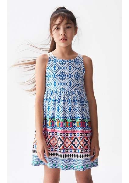 08-14 Yaş Kız Çocuk Mavi Renk Barcelona Elbise