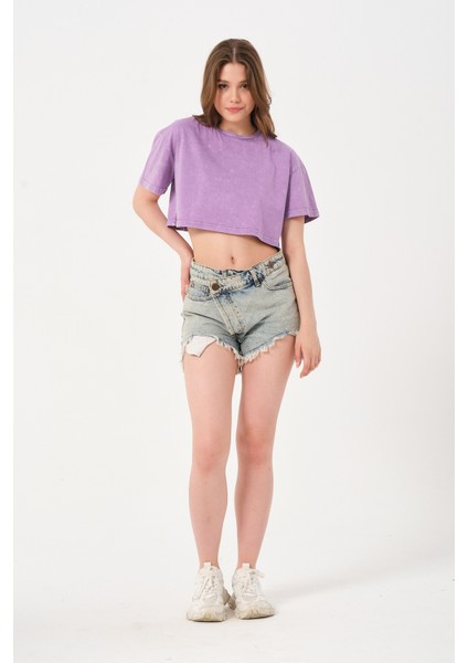 Kadın Bisiklet Yaka Yıkamalı Crop T-Shirt