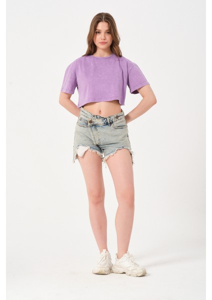 Kadın Bisiklet Yaka Yıkamalı Crop T-Shirt