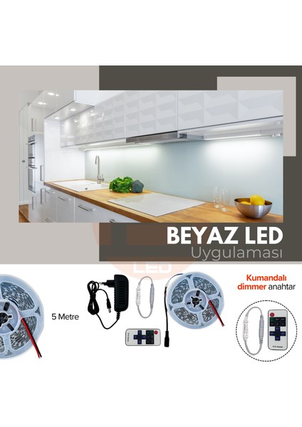 12V Yüksek Parlaklık 4040 Şerit LED Tak Çalıştır Hazır Set, 5 Metre Beyaz, Kumandalı Aç-Kapa Dimmer ve Adaptör Dahil, Gizli Aydınlatma, Mutfak, Tezgah, Dolap İçi ve Ayna İçin