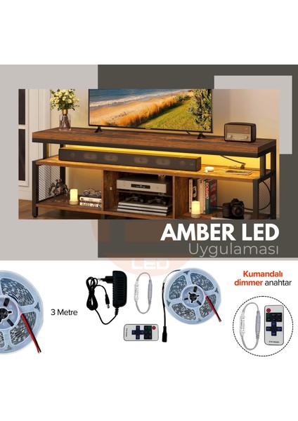 12V Yüksek Parlaklık 4040 Şerit LED Tak Çalıştır Hazır Set, 3 Metre Amber, Kumandalı Aç-Kapa Dimmer ve Adaptör Dahil, Gizli Aydınlatma, Mutfak, Tezgah, Dolap İçi ve Ayna İçin