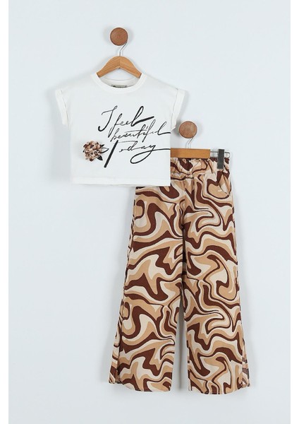 Viskon Desenli Pantolonlu 2 Li Kız çocuk takım - Kahverengi