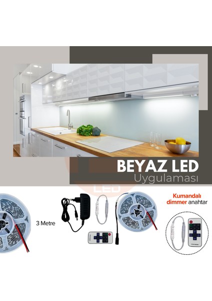 12V Yüksek Parlaklık 4040 Şerit LED Tak Çalıştır Hazır Set, 3 Metre Beyaz, Kumandalı Aç-Kapa Dimmer ve Adaptör Dahil, Gizli Aydınlatma, Mutfak, Tezgah, Dolap İçi ve Ayna İçin