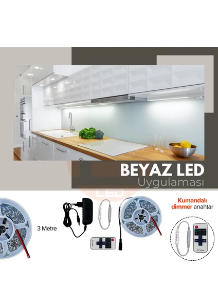 Amber LED 12V Yüksek Parlaklık 4040 Şerit LED Tak Çalıştır Hazır Set, 3 Metre Beyaz, Kumandalı Aç-Kapa Dimmer ve Adaptör Dahil, Gizli Aydınlatma, Mutfak, Tezgah, Dolap İçi ve Ayna İçin