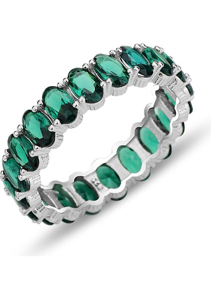 Gümüş Rodyumlu Oval Baget Kesim Zümrüt Taşlı Tamtur Yüzük SGTL12400YESIL